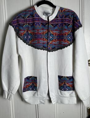 Vintage 90s Womens Large Lee Southwestern Aztec Cardigan Sweatshirt Jacket White